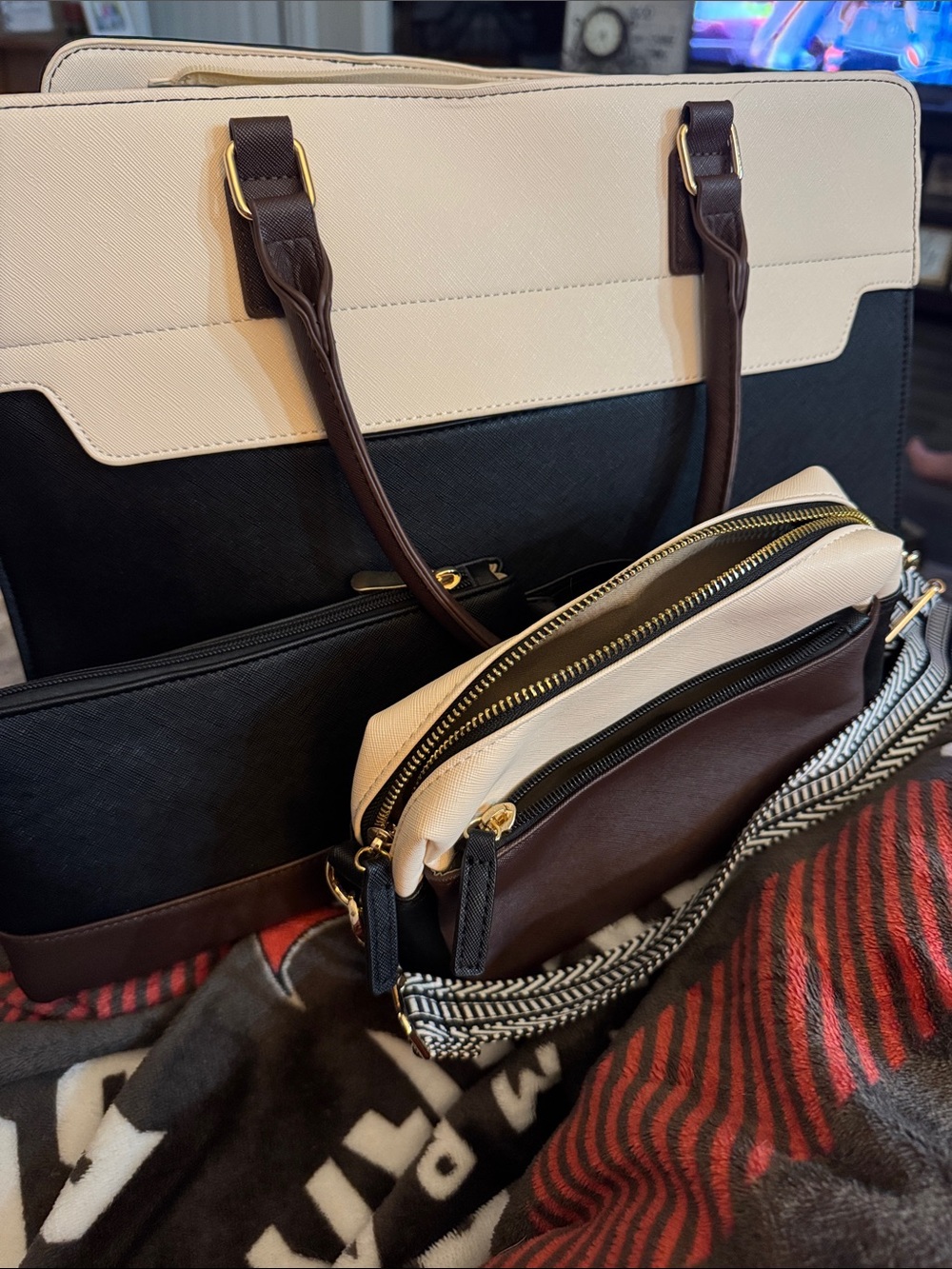 Two-Tone Black, Cream & Brown Women’s Tote and Crossbody Set